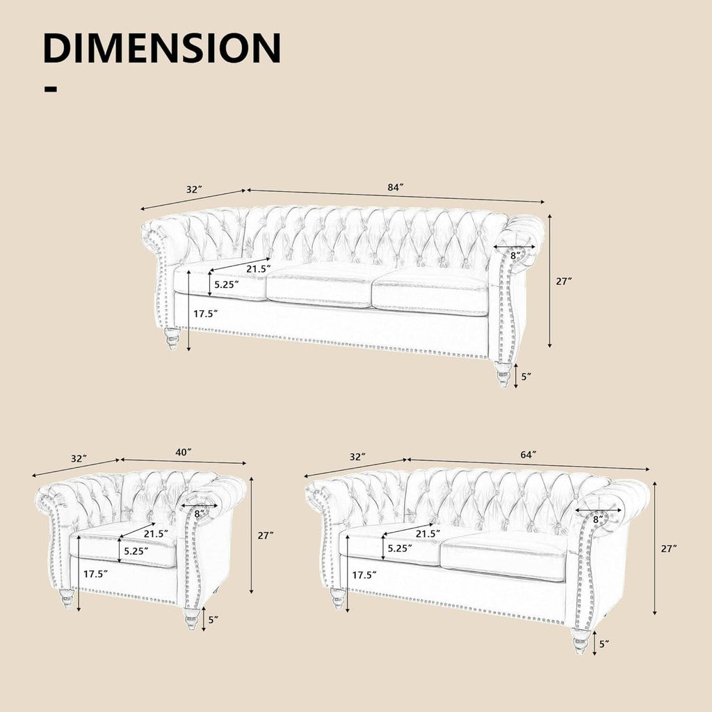 3 Piece Living Room Set Sectional Chesterfield Sofa Chair Artificial Leather Black