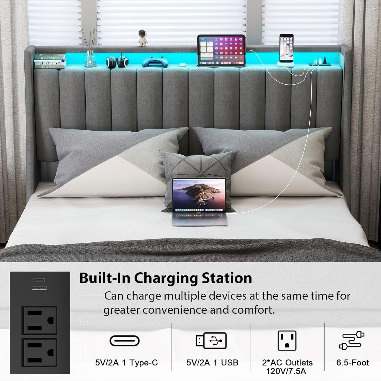 Queen Bed Frame With LED Lights And Storage Drawers