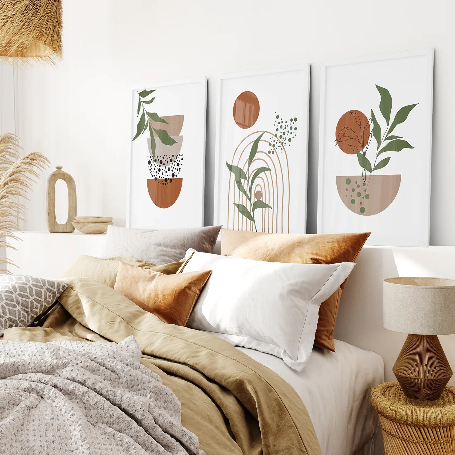 Abstract Green Leaves Wall Art Set of 3 Pieces. Earth Tones