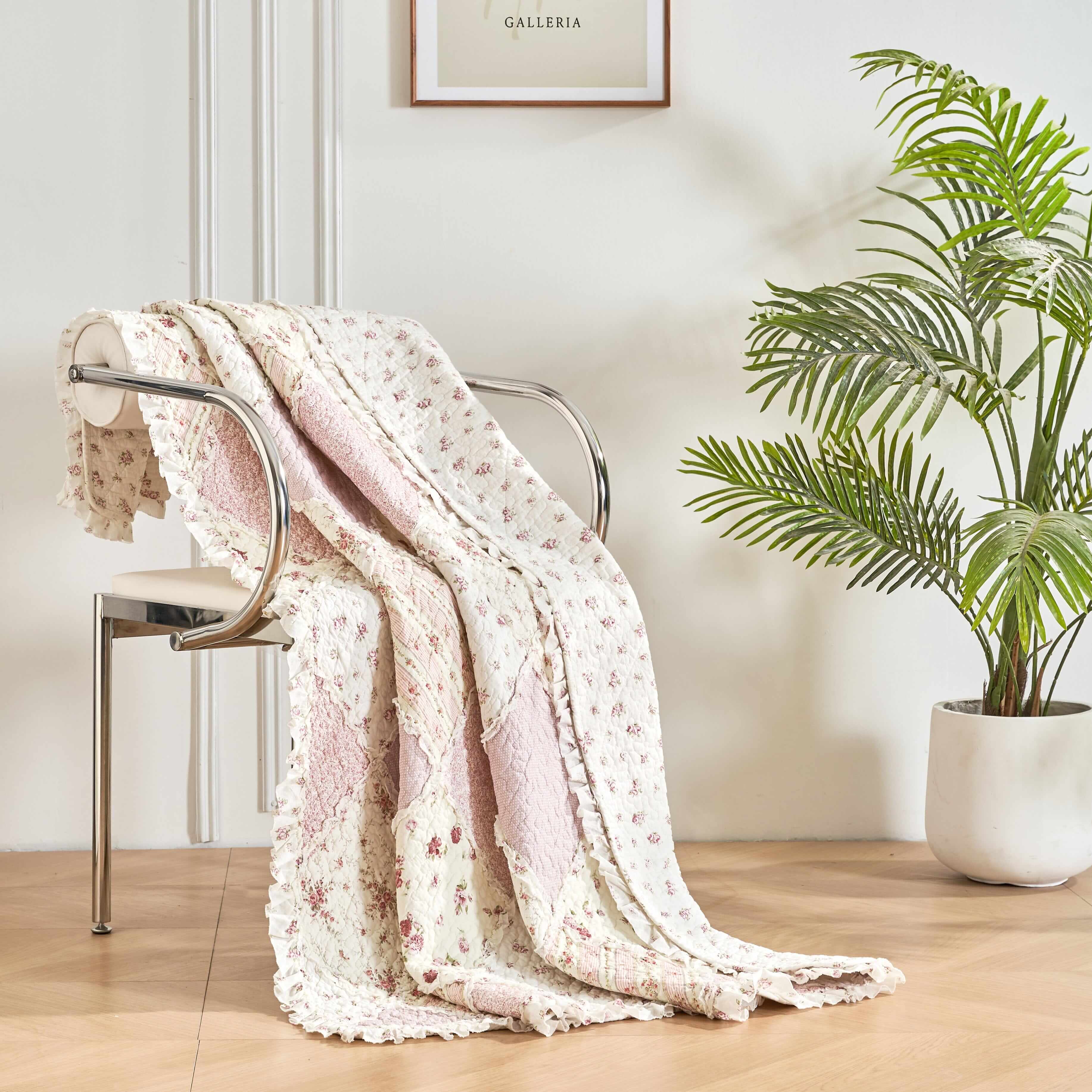 DaDalogy Cotton Patchwork Throw Blanket - Floral Cottage Quilted Reversible Blush Pink & Cream Shabby Chic Botanical Ruffle Design - Vintage Garden Rose Pastel Accents (3031)- 50 x 60