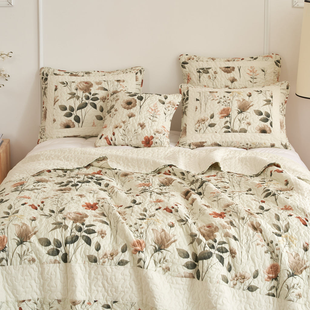DaDalogy Enchanted Meadow Bed in a bag Set - Victoria Garden Delicate Floral Symphony in Beige, Rose, and Soft Green, Luxuriously Soft Quilted Set