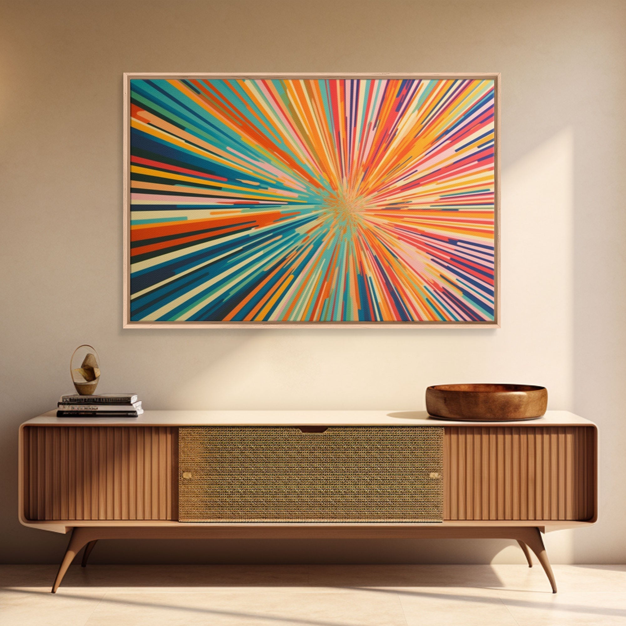 MCM Mid Century Modern Retro Canvas Print Mid Century Wall Art Large Wall Art Geometric Art in Teal Coral and Yellow "Light Speed Tunnel"