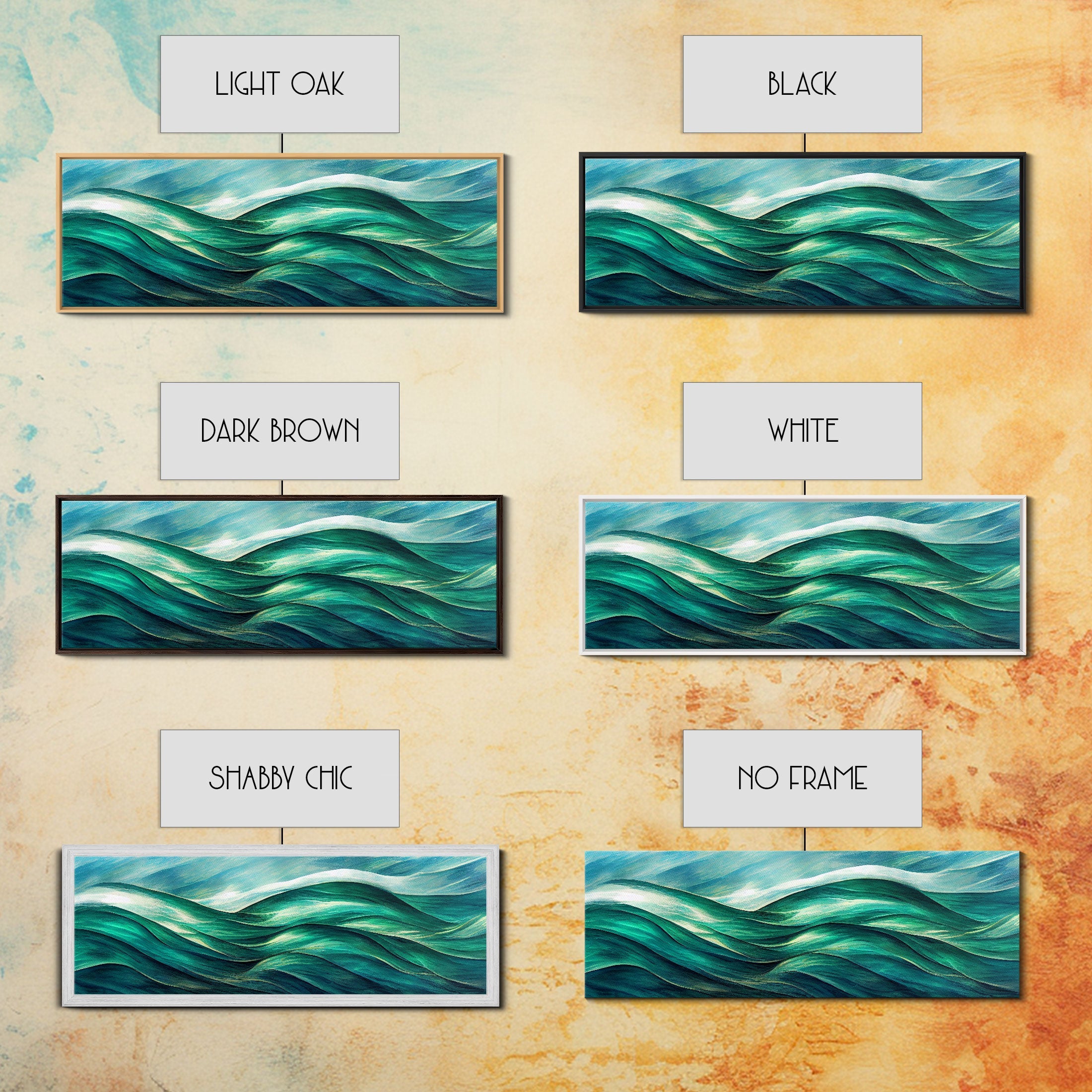 Sea Green Ocean Waves, Ready To Hang Canvas Print, Panoramic Art Deco Style Wall Decor, Emerald Green Wall Art