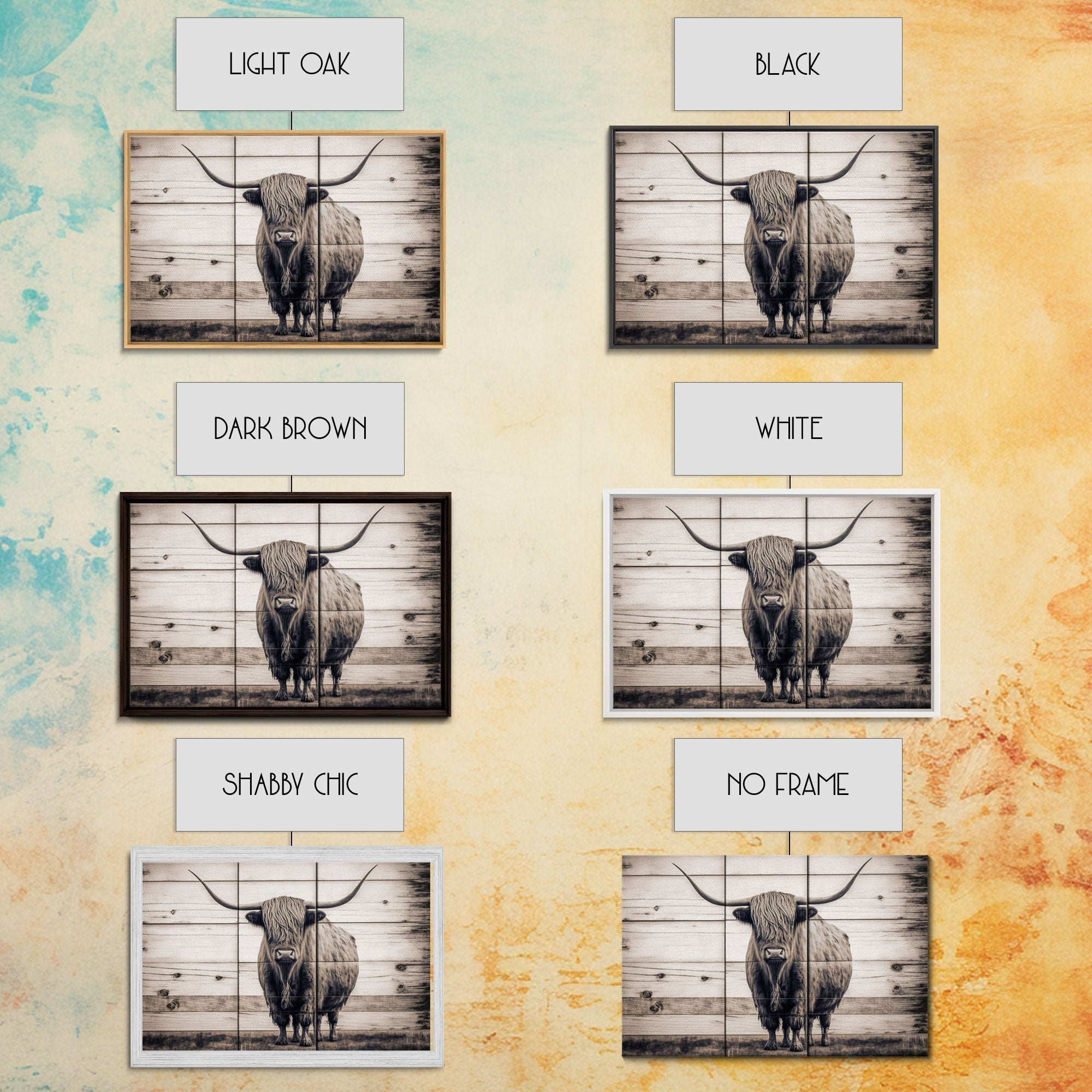 Rustic Cattle Art, Framed Canvas Print, Framed Wall Art, Primitive Rustic Minimalist Farmhouse Decor, Highland Cattle Distressed Art