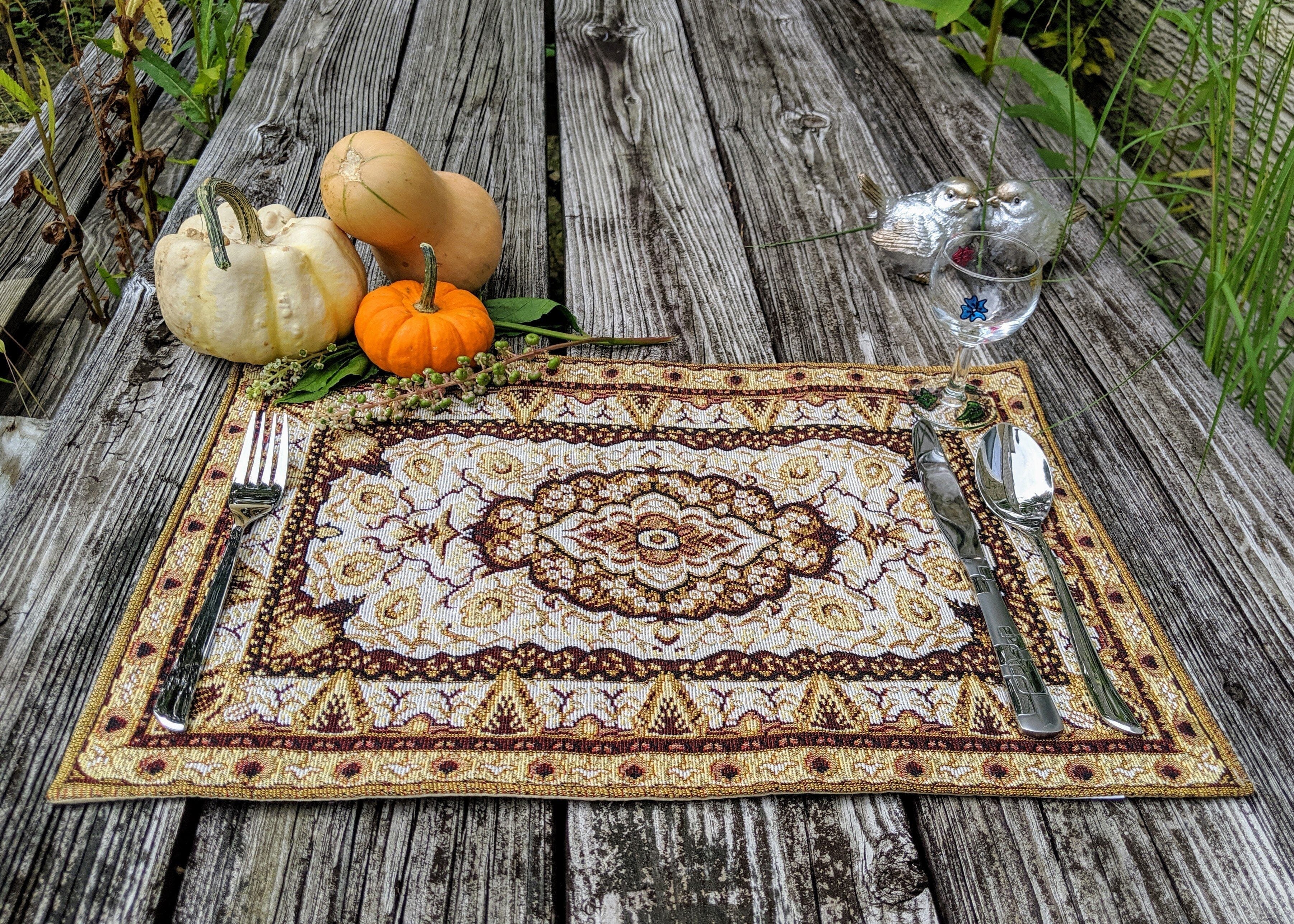 DaDa Bedding Set of 4-6 Pieces Royal Persian Style Rug Golden Brown Floral Tapestry Placemats 13” x 19” (18119)