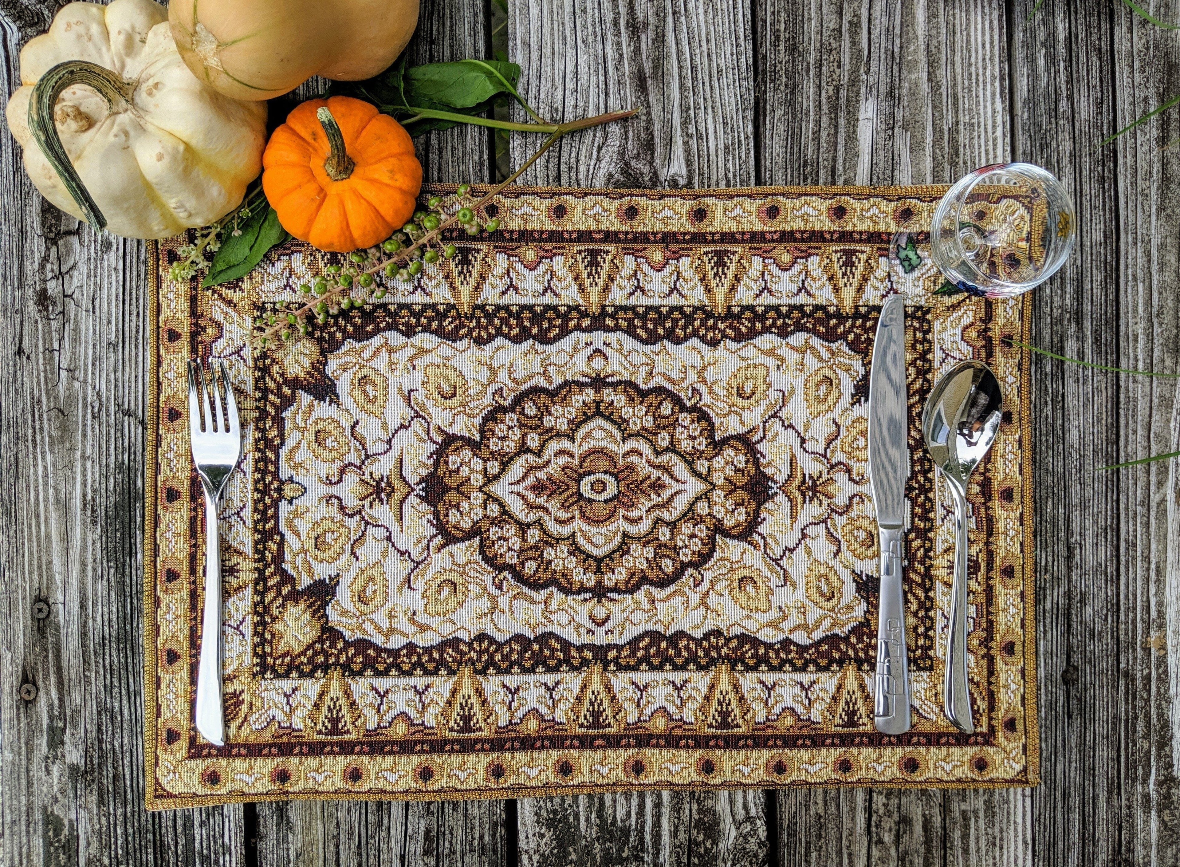 DaDa Bedding Set of 4-6 Pieces Royal Persian Style Rug Golden Brown Floral Tapestry Placemats 13” x 19” (18119)