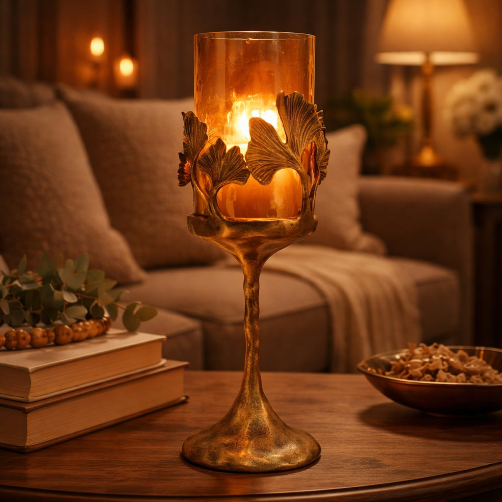 Gold Finished Candle Holder with Glass