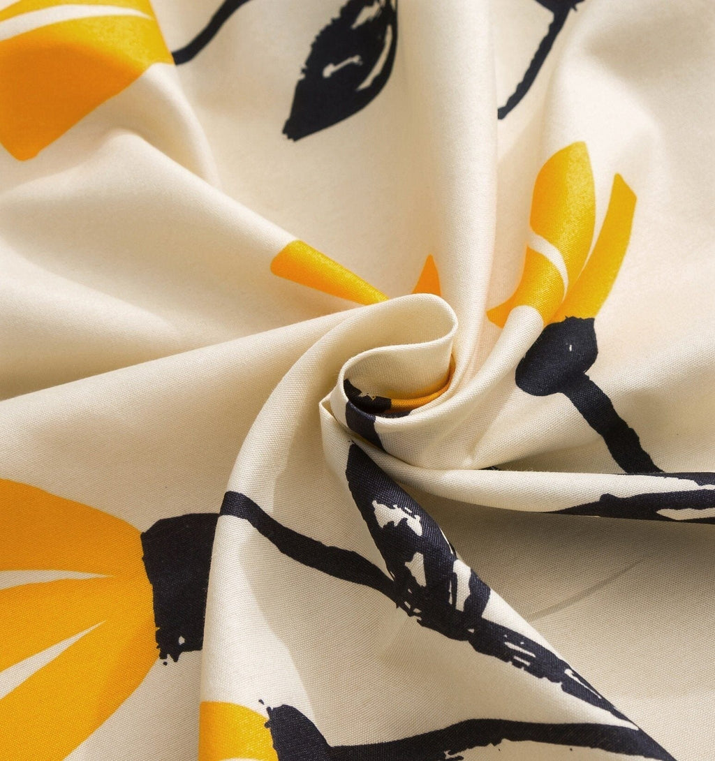 DaDa Bedding Yellow Fleur Golden Orange Floral Ivory Fitted & Flat Bed Sheets Set (18112)