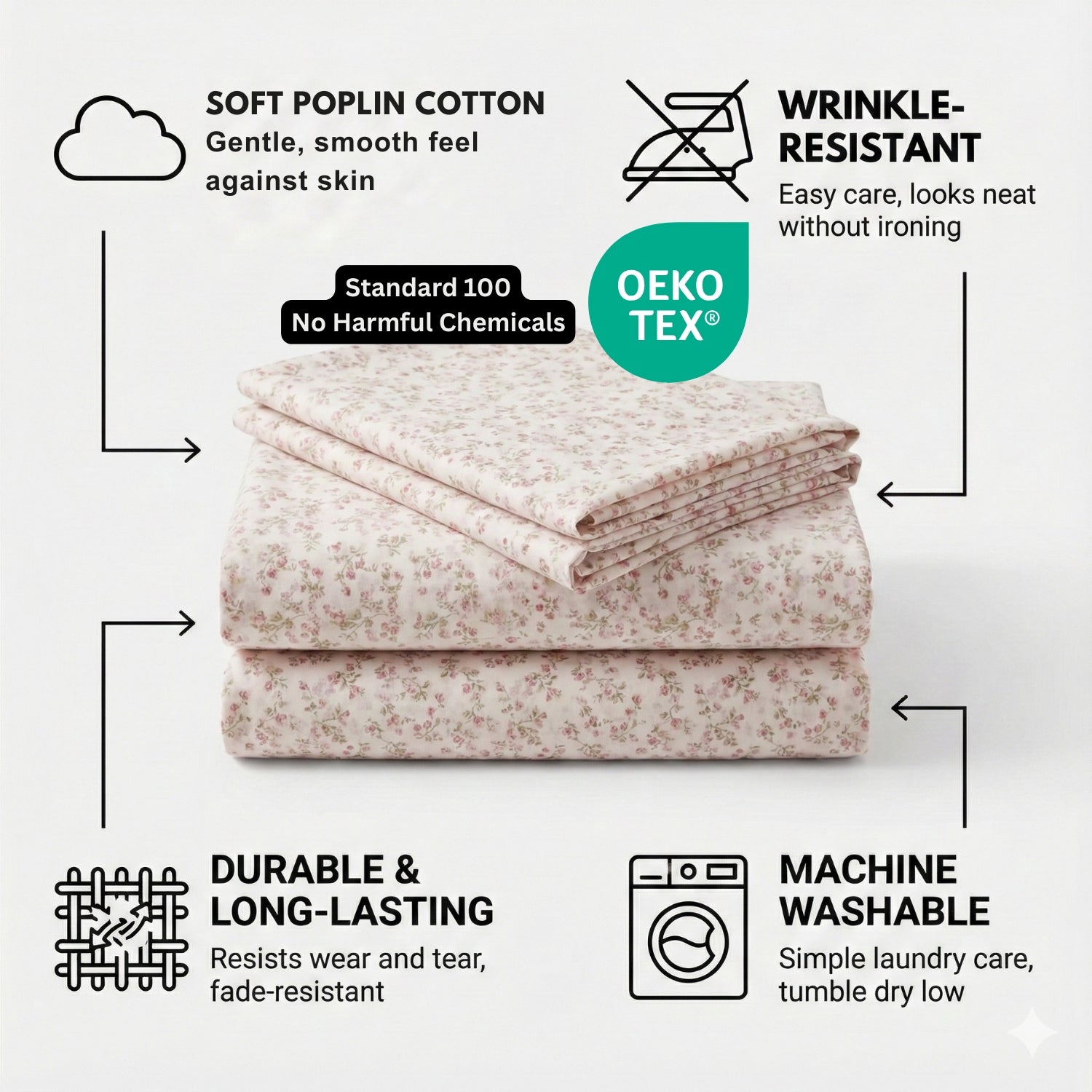 DaDa Bedding Collection Romantic Coquette Sheet Set - 100% Cotton [ Poplin Cotton ] Floral Fitted & Flat Sheets with Pillowcases - Deep Pocket Design - Soft, Breathable, Wrinkle-Resistant