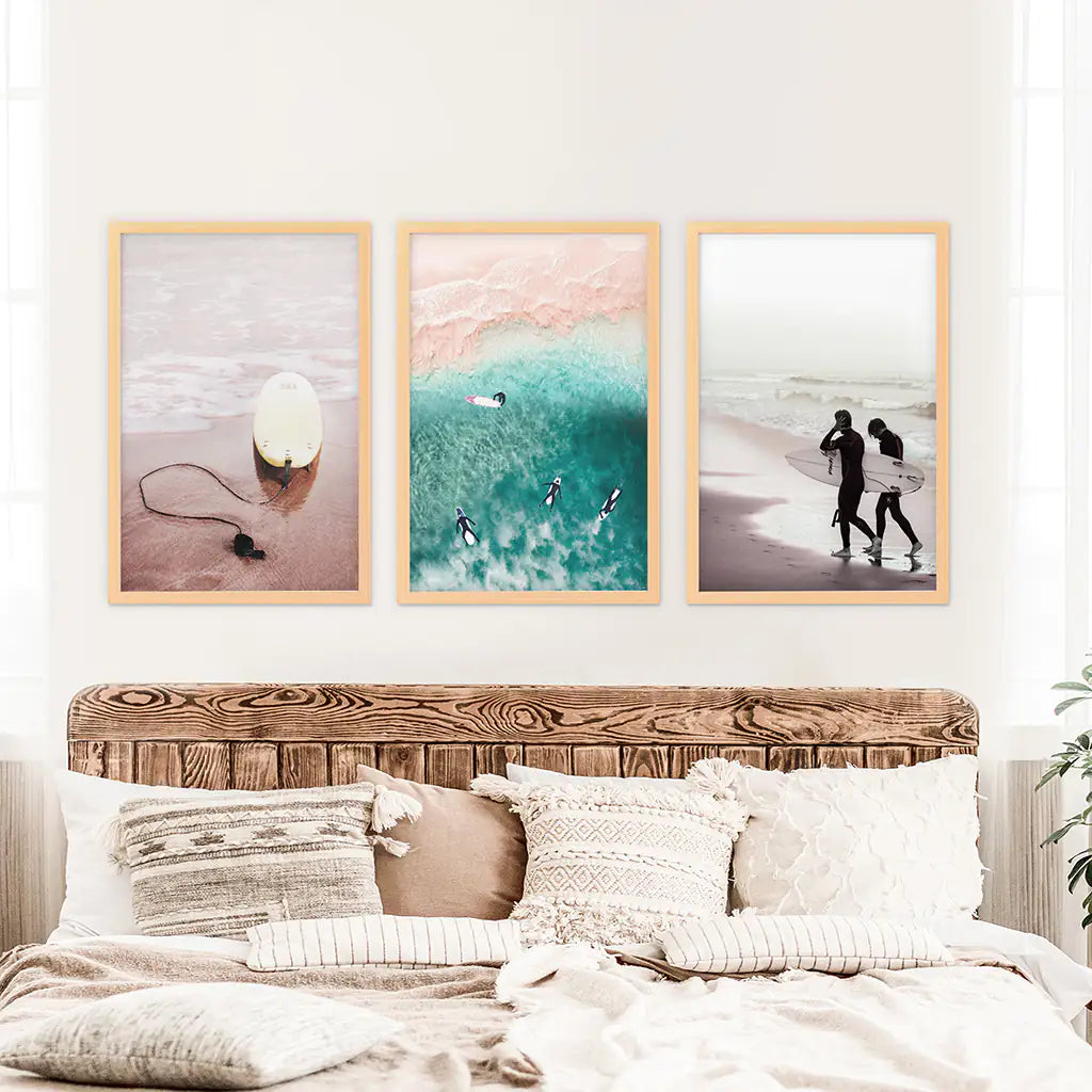 California Surfing Vibe. Beige Turquoise Coastal Prints Set