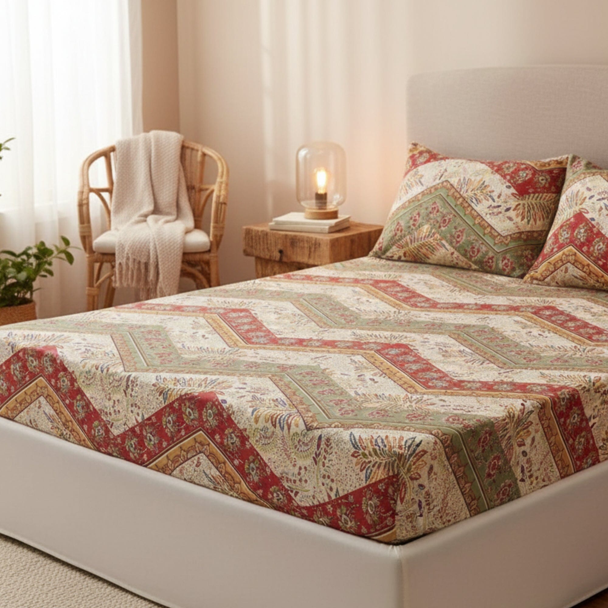 DaDa Bedding Botanical Cranberry Sage Chevron Floral Fitted Bed Sheet w/ Pillow Cases (JHW-924-Fitted)