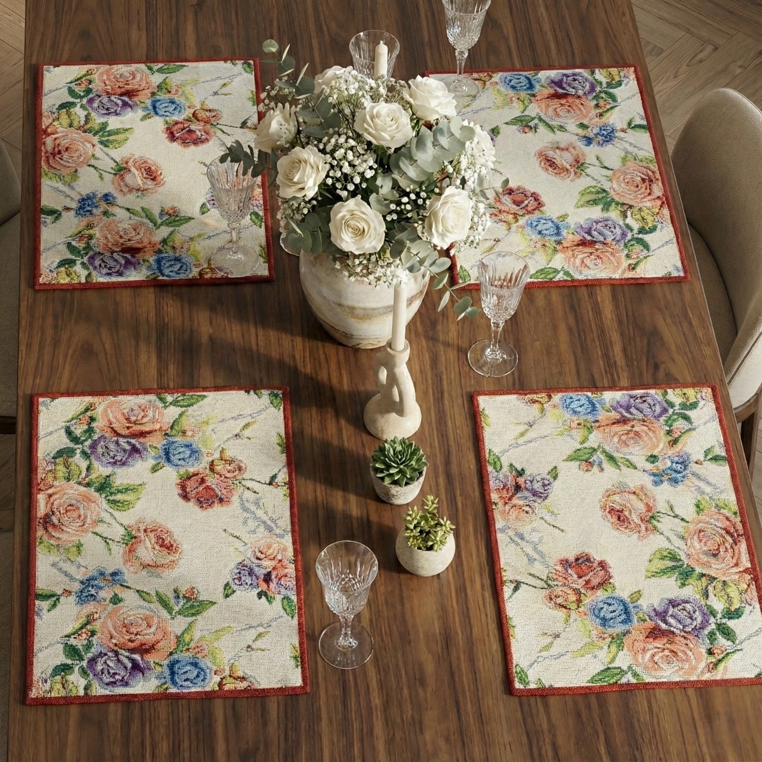 DaDa Bedding Set of 4-Pieces Vintage Romantic Roses Lovely Pink Floral Tapestry Placemats 13” x 19” (879)