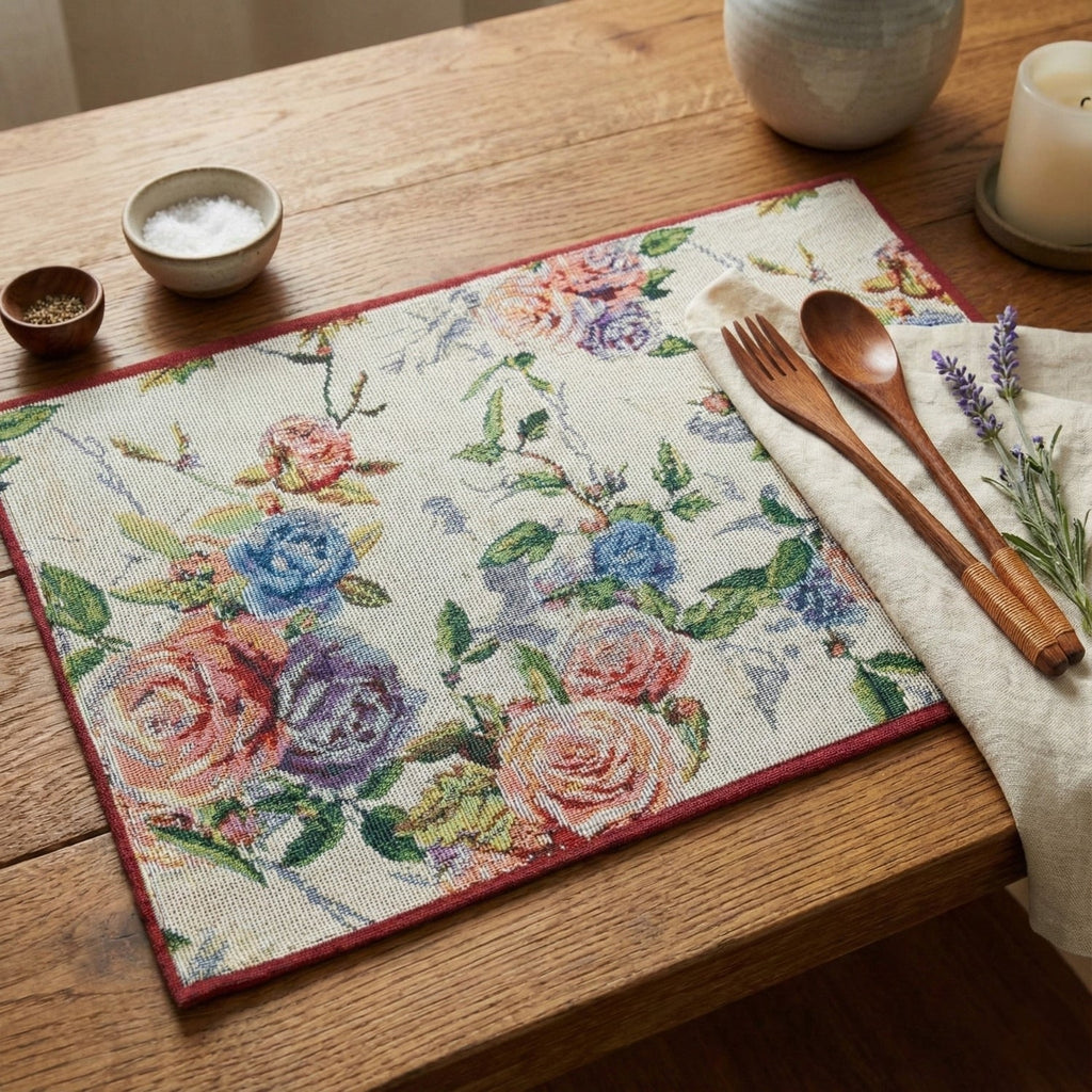 DaDa Bedding Set of 4-Pieces Vintage Romantic Roses Lovely Pink Floral Tapestry Placemats 13” x 19” (879)