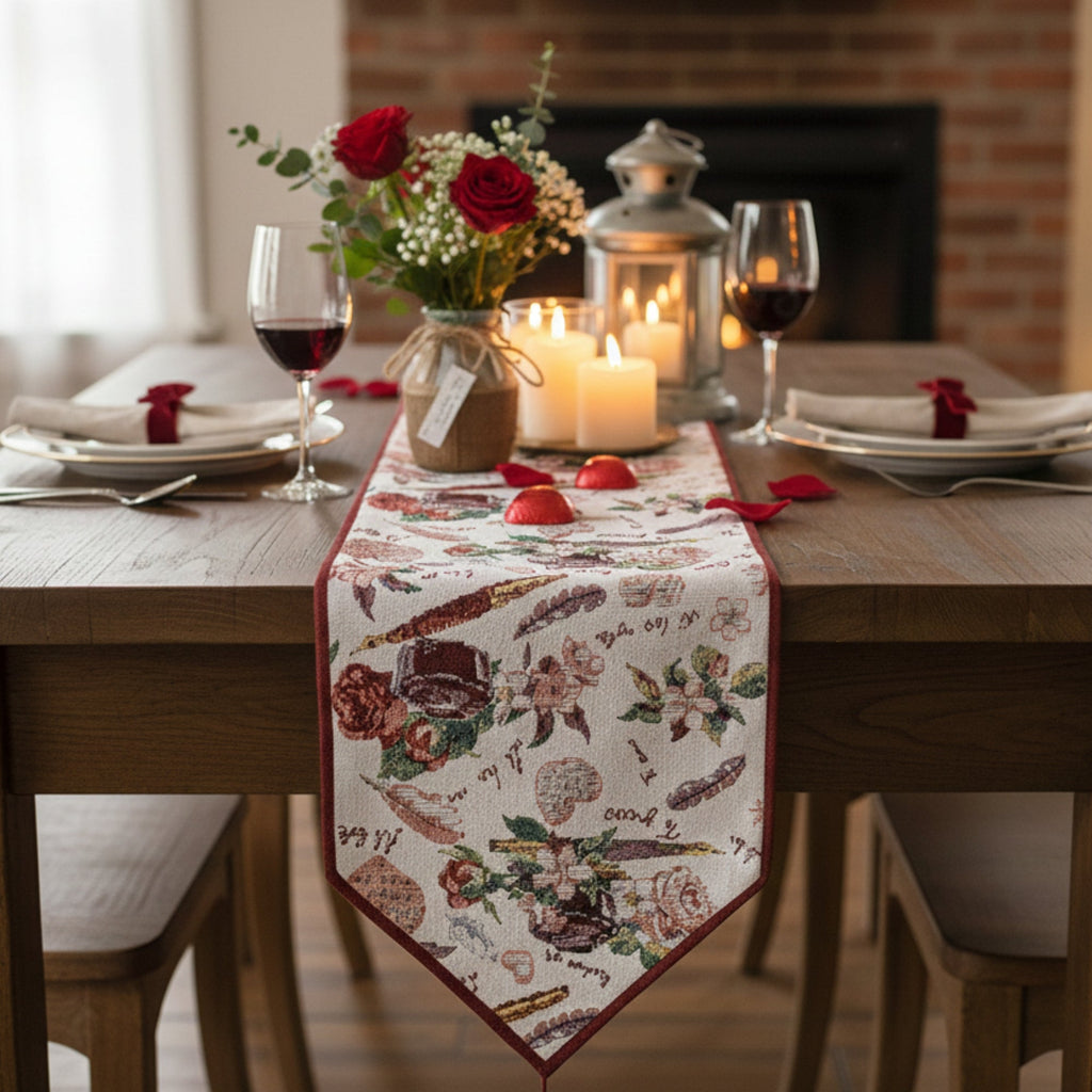 DaDa Bedding Sweet Heart Love Notes Pink Floral Woven Tapestry Dining Table Runner (18273)