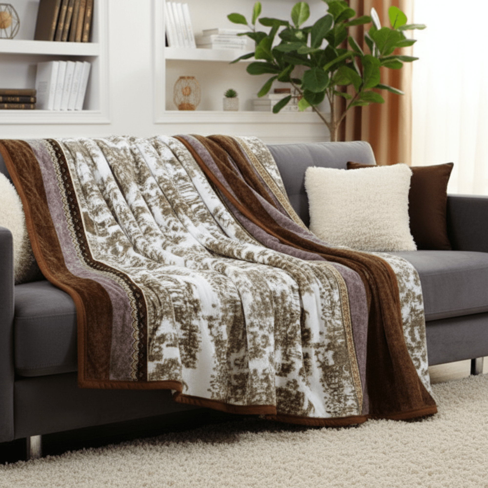 DaDa Bedding Elegant Twilight Lavender Brown Floral Flannel Mink Fleece Throw Blanket (XY9879)