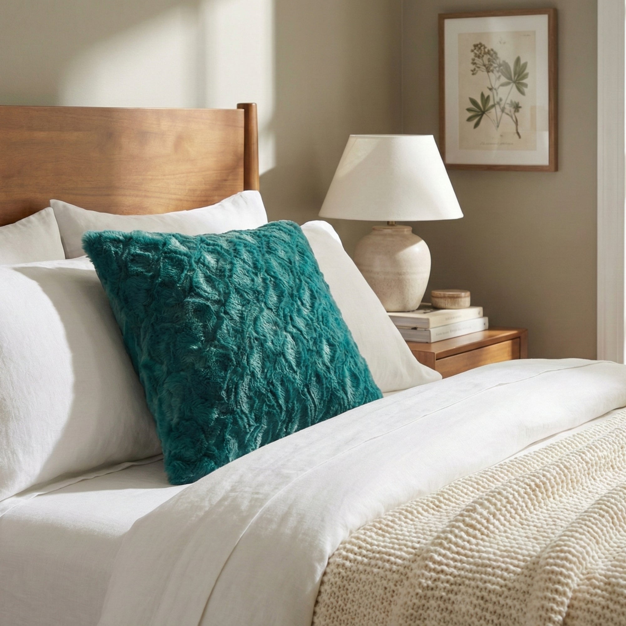 DaDa Bedding Jewel Tones Emerald Green Blue Luxury Faux Fur Throw Pillow Cover (171805)