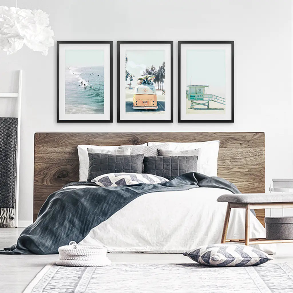 California Wall Art. Surfers on the Waves, Yellow Van, Lifeguard