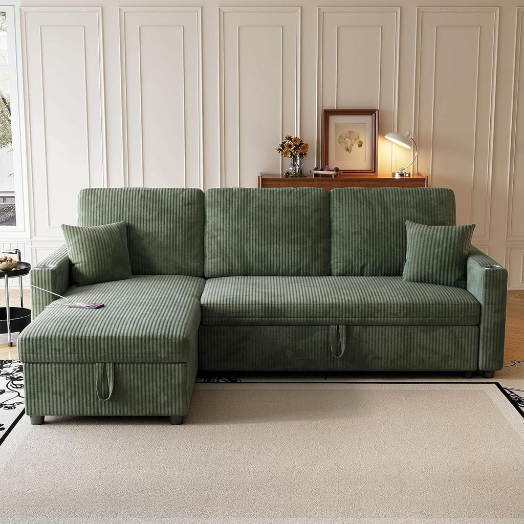 Luxurious Corduroy Green 83-Inch Sleeper Sectional Sofa