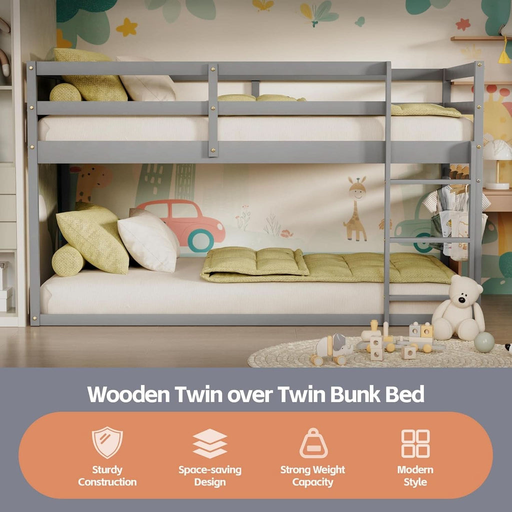 Grey Low Bunk Bed Twin Over Twin With Ladder For Kids Room