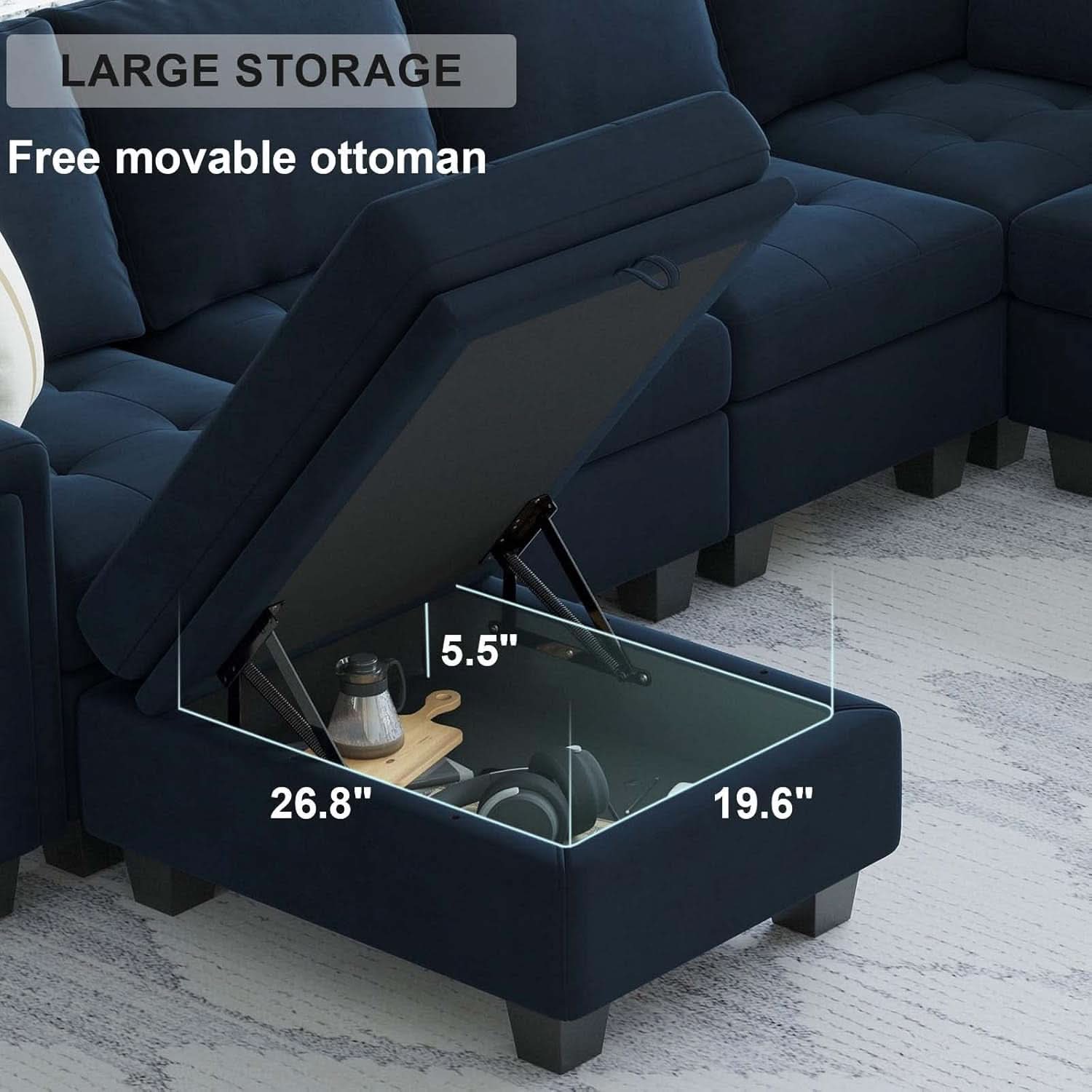 Velvet L Shaped Sofa Reversible Chaise Storage Ottoman Blue