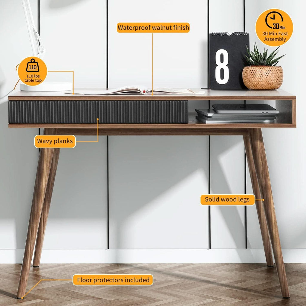 Walnut Mid Century Modern Desk With Drawer For Home Office