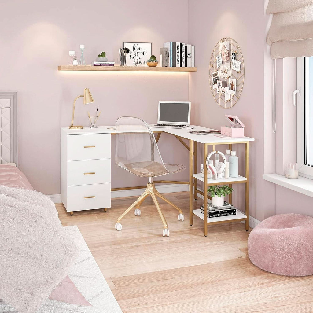 L Shaped Corner Desk Two Tone With Drawers And Shelves For Home Office