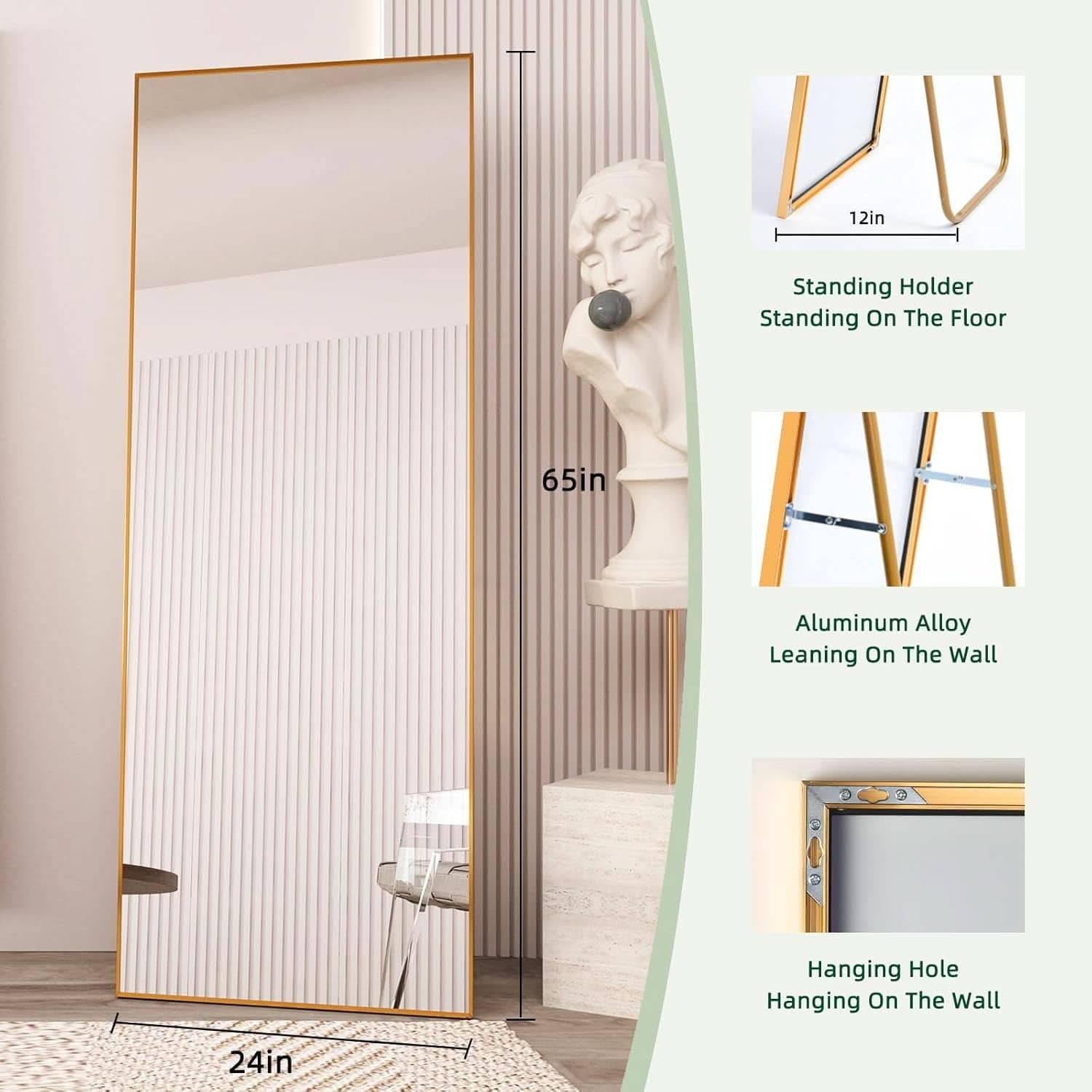 65 Inch Gold Full Length Mirror With Stand Tempered Glass