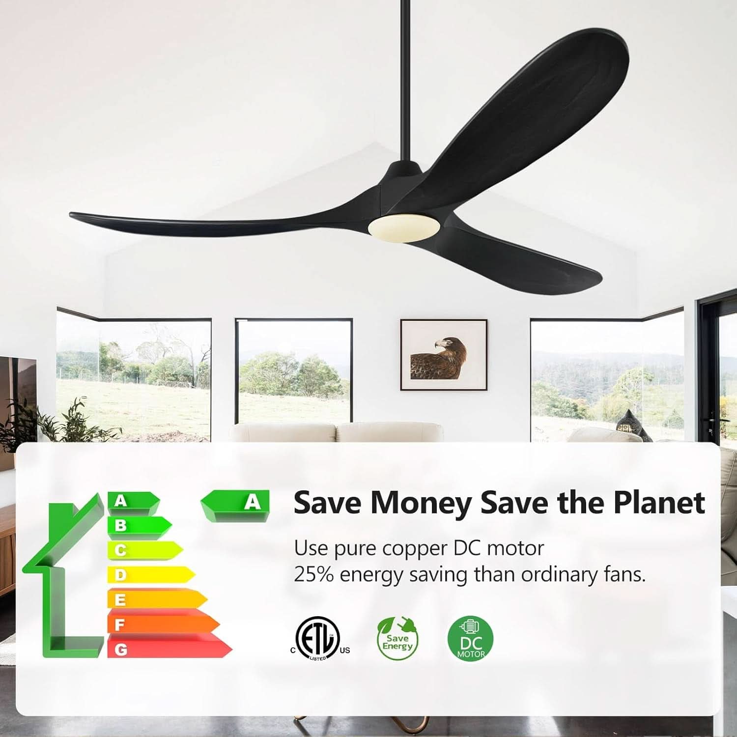 52Inch Matte Black Ceiling Fan Indoor Outdoor Low Noise