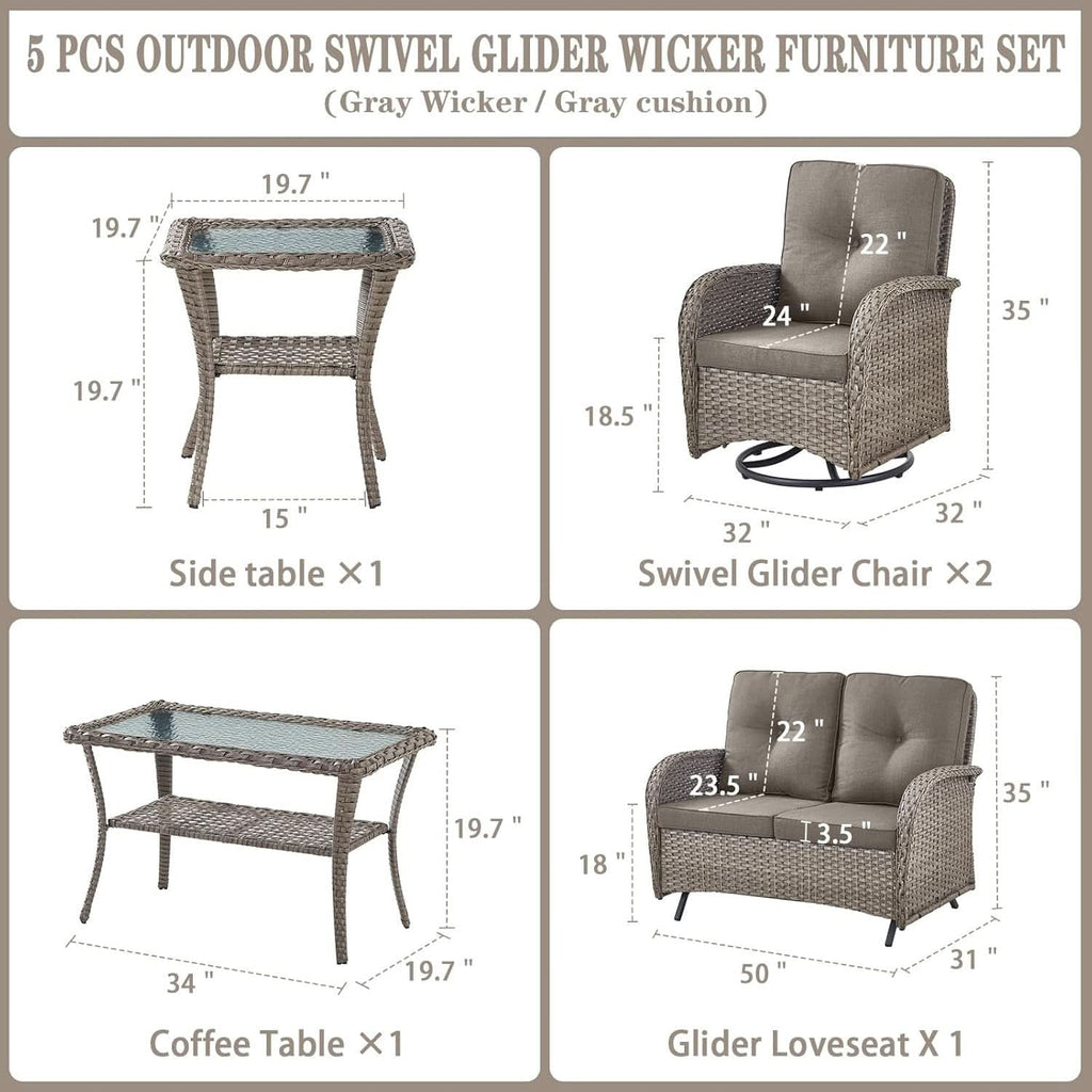 5 Piece Outdoor Patio Set Gray Wicker Swivel Rockers