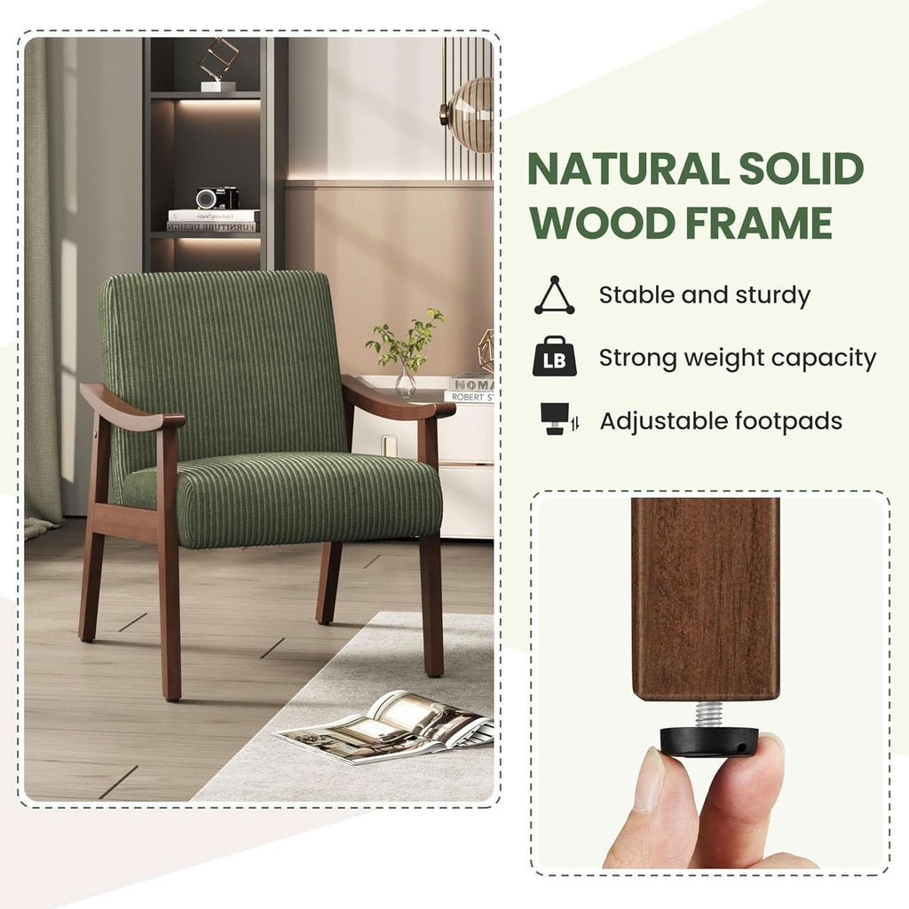 Dark Green Corduroy Armchair Mid Century Solid Wood