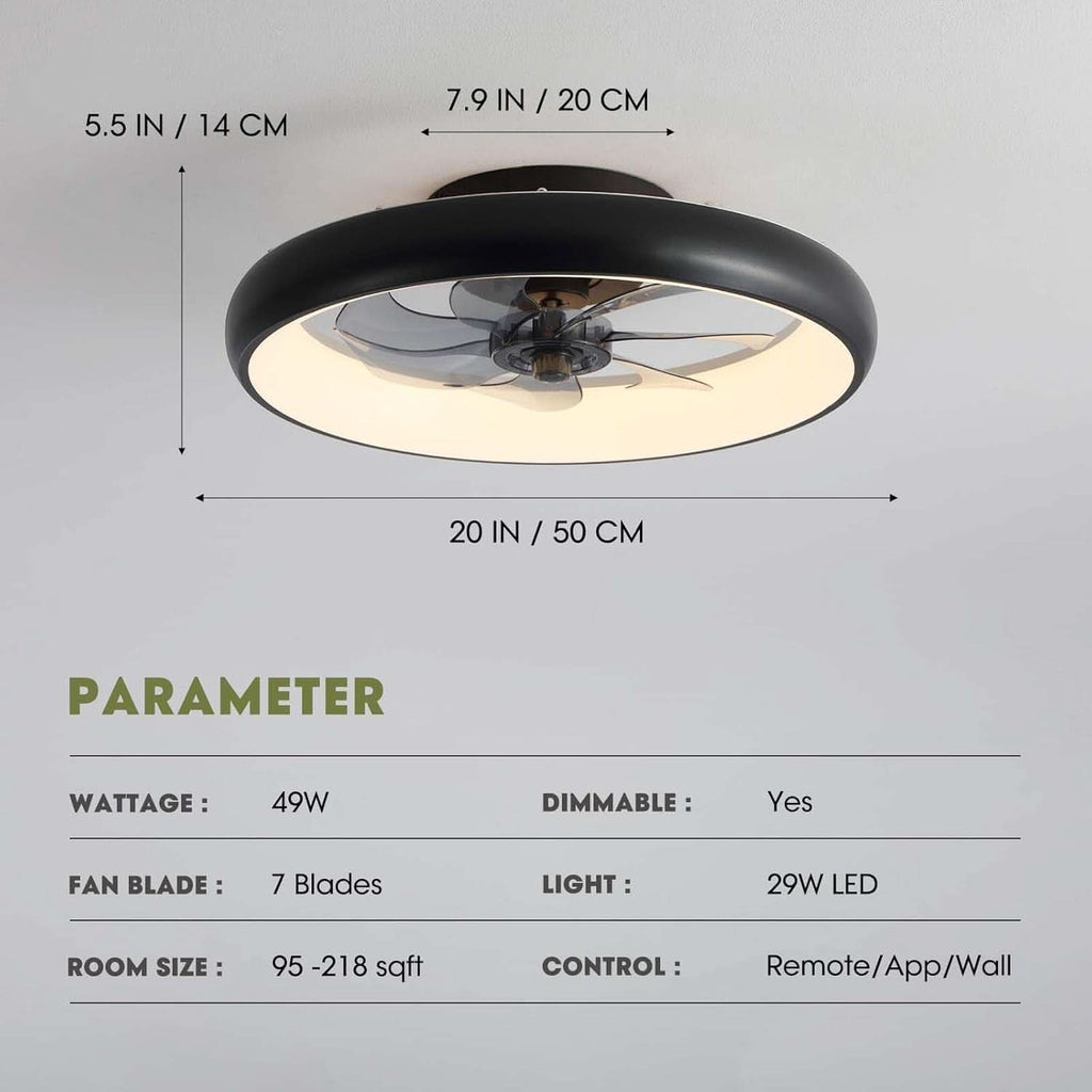 20 Inch Black Flush Mount Ceiling Fan With Dimmable Lights