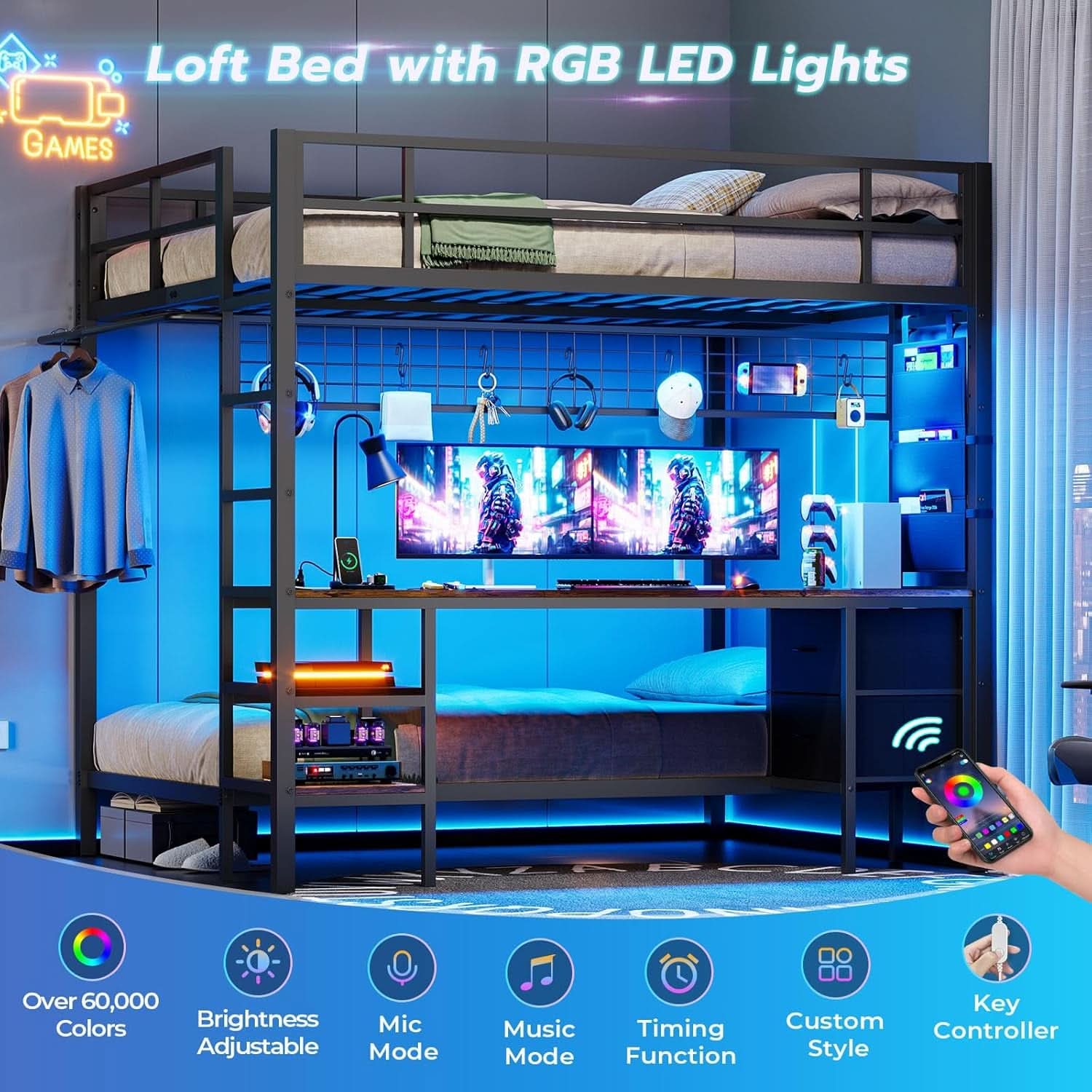 Black Full Over Twin Metal Bunk Bed With Desk LED Lights
