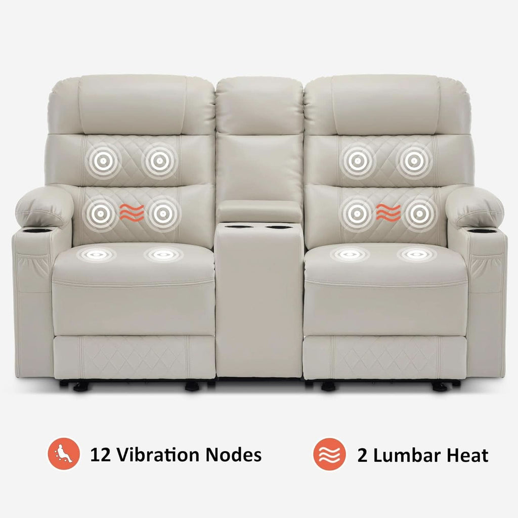 Power Recliner Loveseat With Console And Heat Vibration USB Light Grey