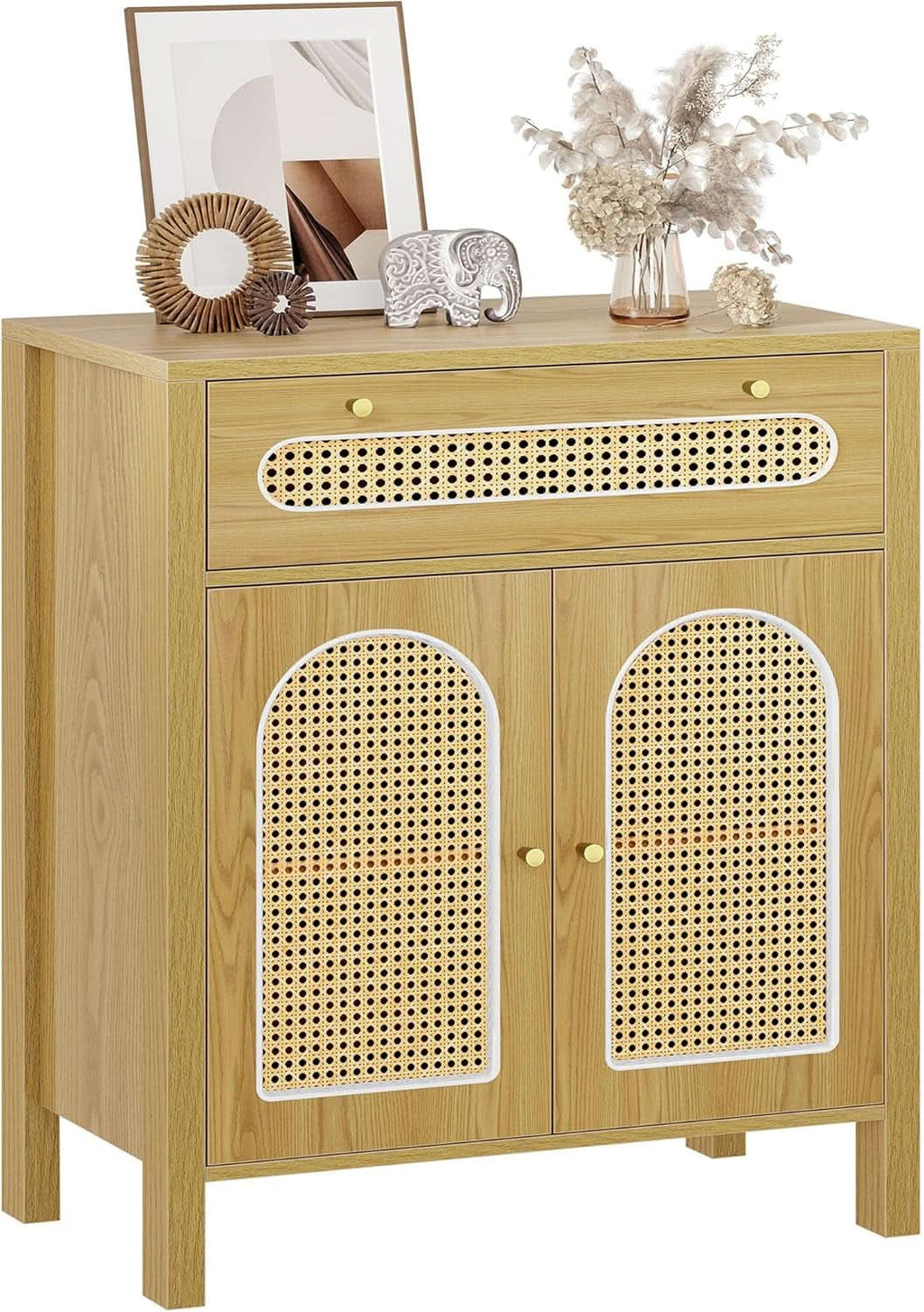 Two Piece Rattan Accent Sideboard Buffet Cabinet With Large Drawers 36 Inch High Natural Finish