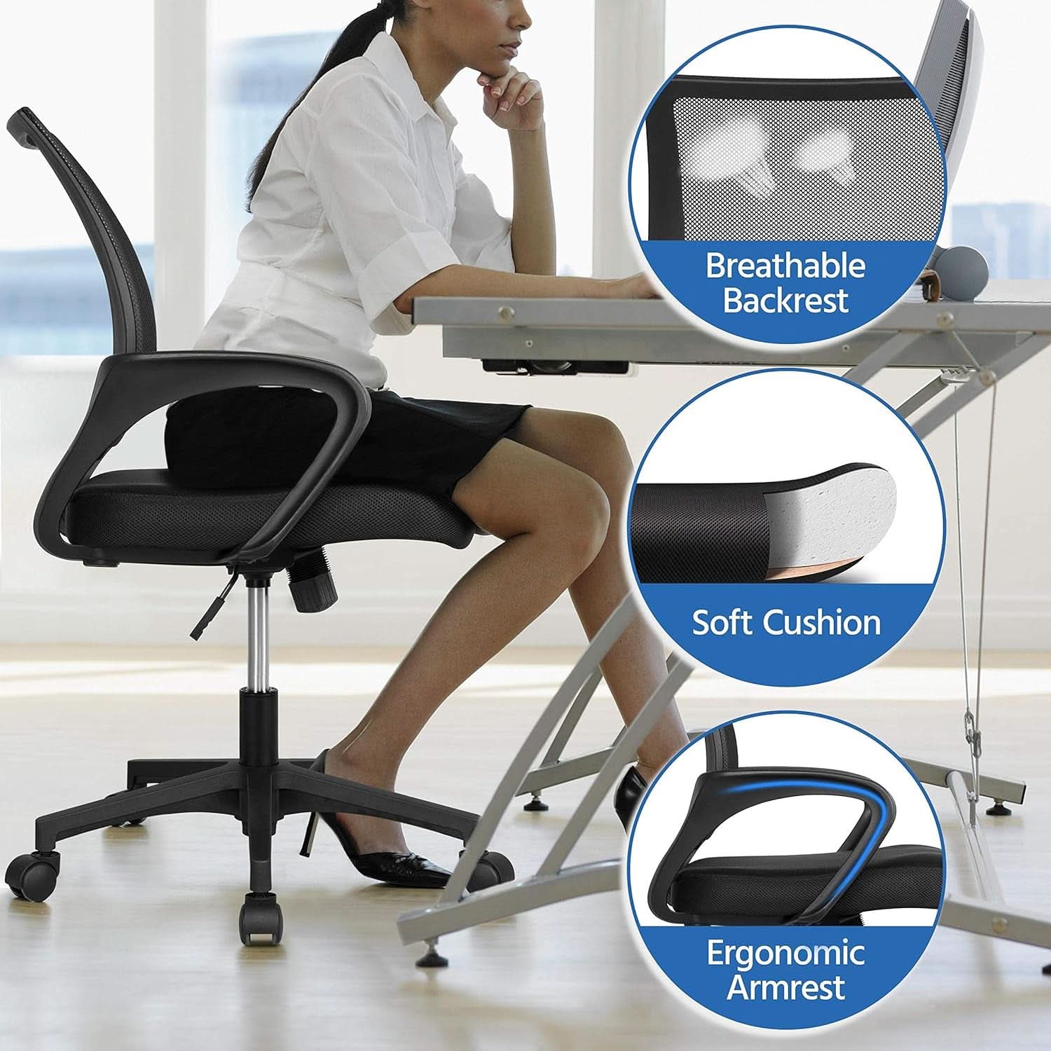 White 44 Inch Desk And Black Mesh Chair Set With Adjustable