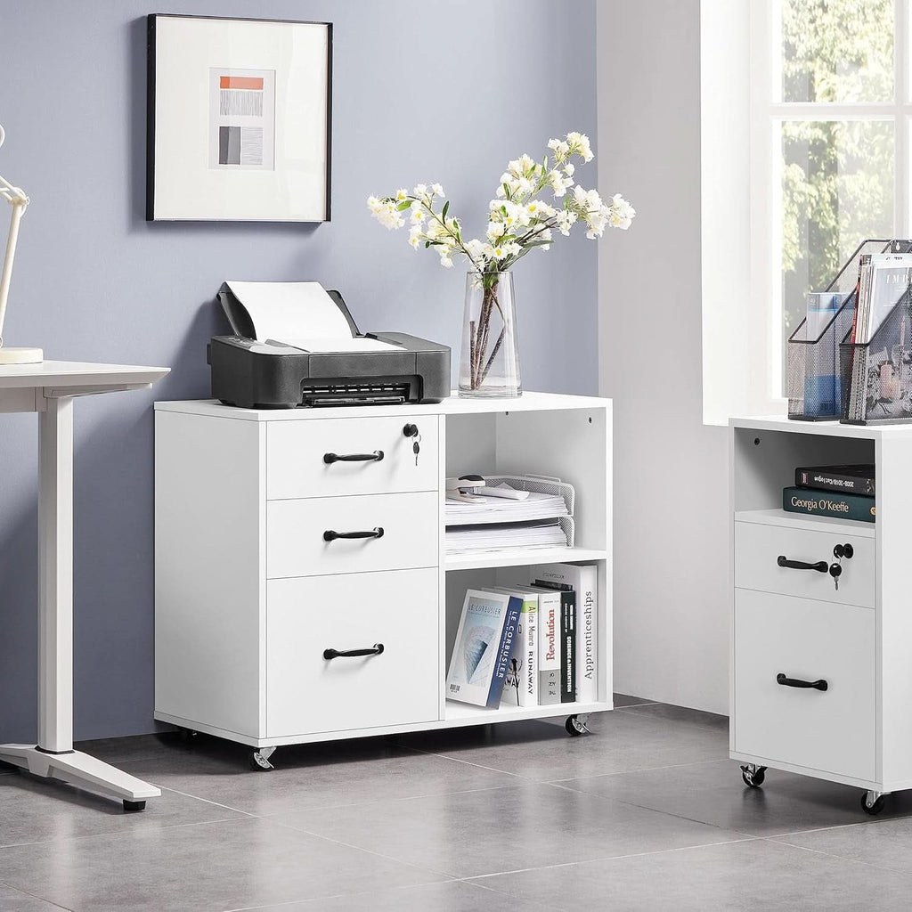 3 Drawer File Cabinet White Mobile Lateral Filing Cabinet With Lockable Top Drawer And Open Shelves For Home Office