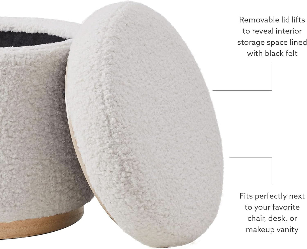 Cream Sherpa Deluxe Storage Ottoman Solidwood Base