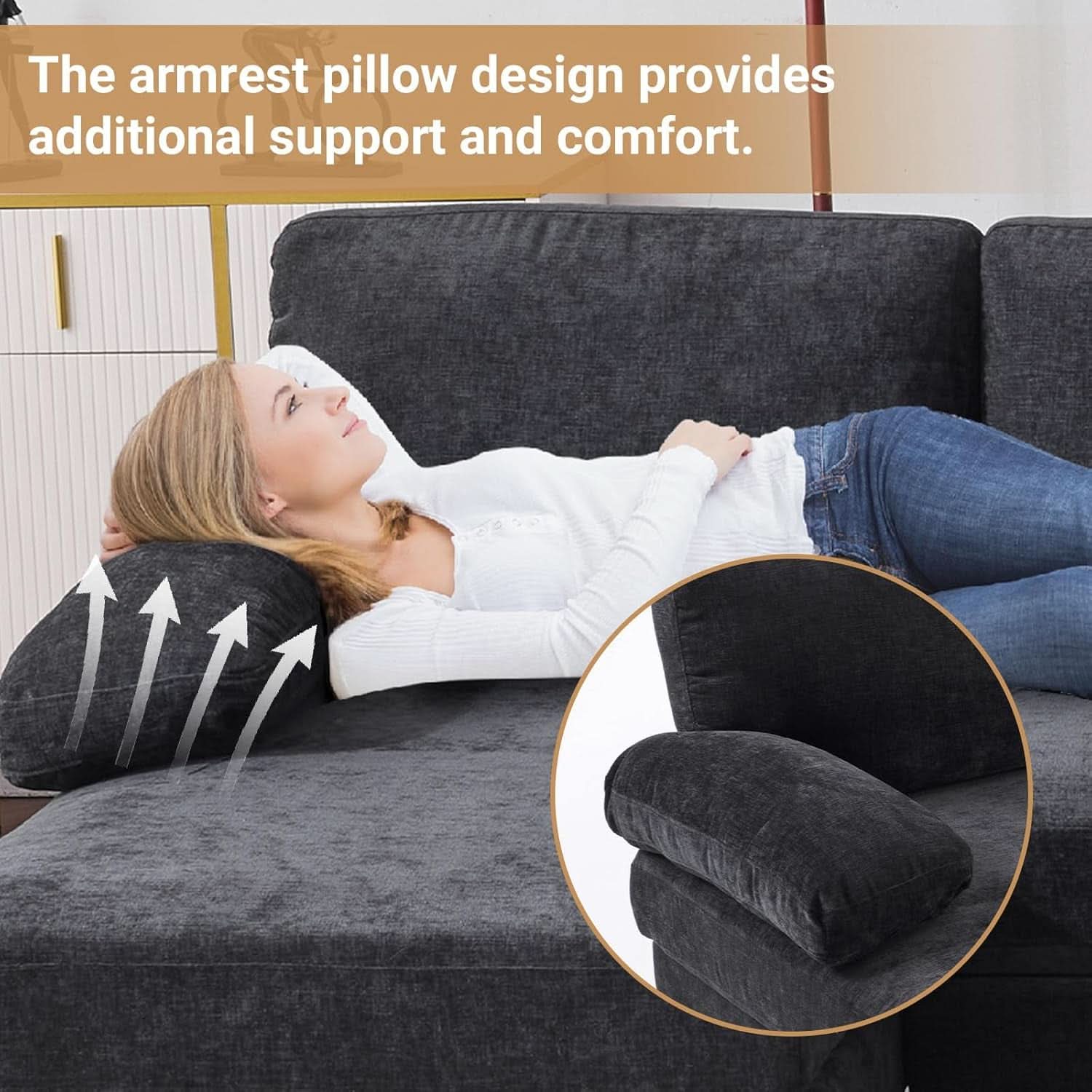 110 Inch U Shaped Sectional Couch For Living Room With Double Chaise In Chenille Fabric Black