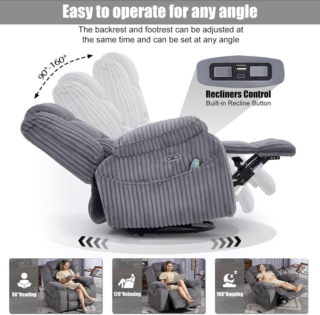 Grey Heated Massage Power Recliner With USB Port Charging