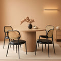 Dining Chair Set Of 4 Boho Rattan Back Leather Upholstery Ink Black