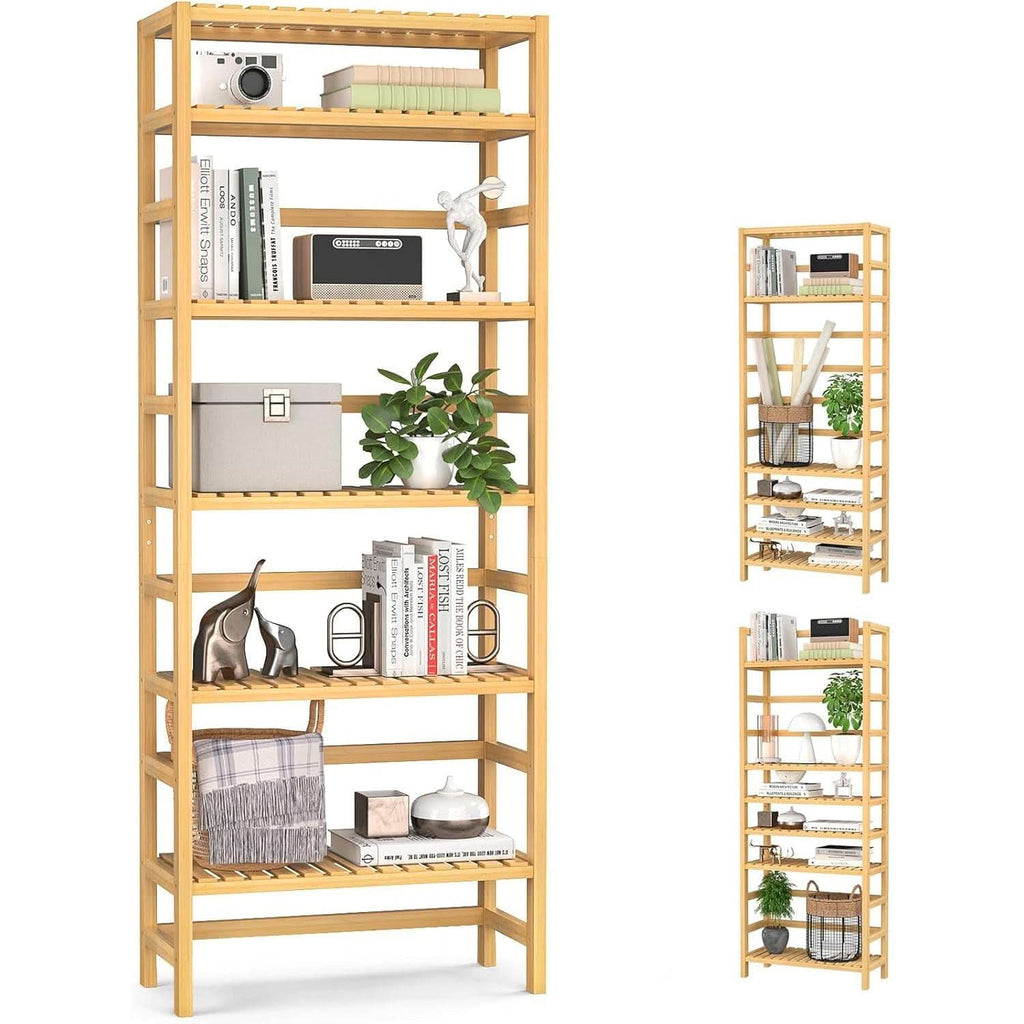 Six Tier Adjustable Bamboo Bookshelf Tall 63 Inch Natural