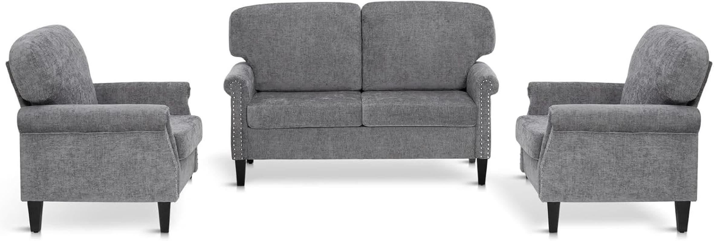 3 Piece Living Room Furniture Set Grey Linen Fabric Loveseat And Two Accent Chairs