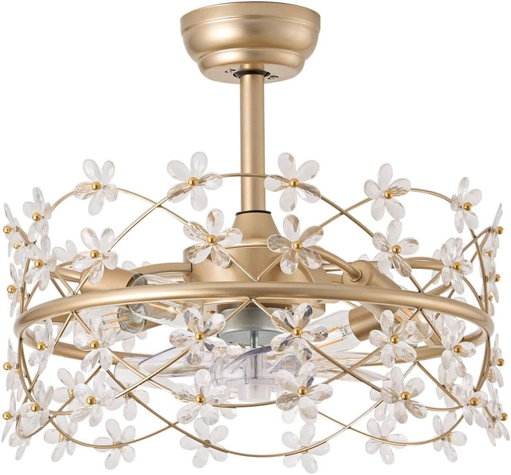20 Inch Gold Caged Ceiling Fan With Light Remote Control 6 Speed Flower Chandelier Fandelier For Girls Bedroom