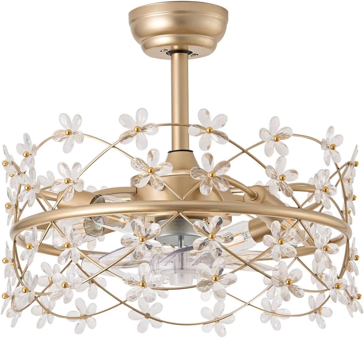 20 Inch Gold Caged Ceiling Fan With Light Remote Control 6 Speed Flower Chandelier Fandelier For Girls Bedroom