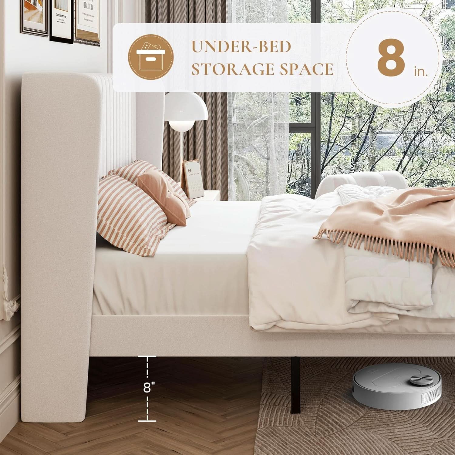 Velvet Upholstered Full Bed Frame With Wingback Headboard