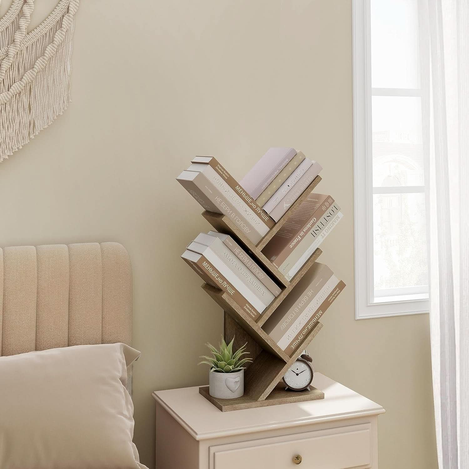 Greige 4 Tier Tree Bookshelf Modern Storage Bookcase