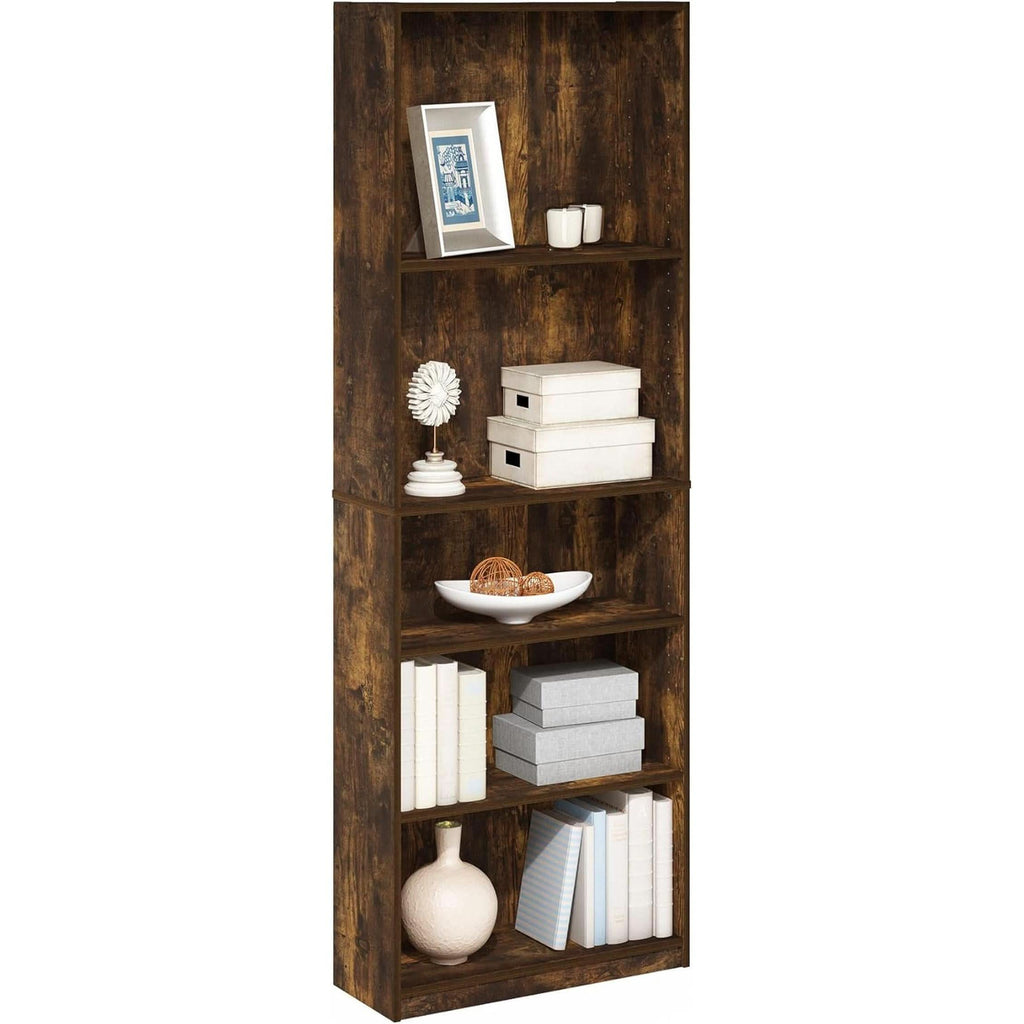Adjustable 5 Tier Amber Pine Bookcase Living Room Storage