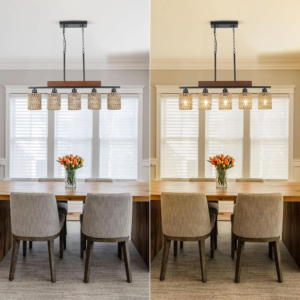 Rattan Farmhouse 5 Light Linear Chandelier Black Lighting