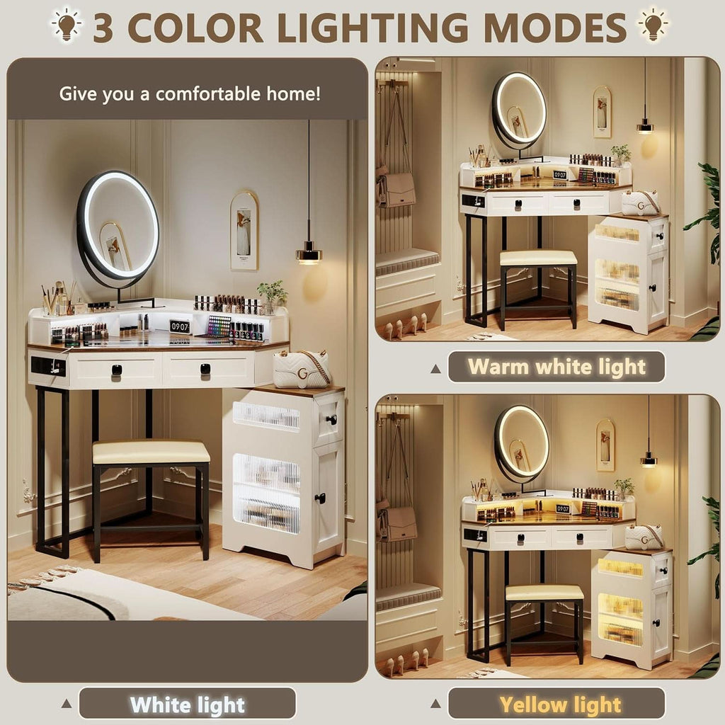 White Corner Vanity Mirror With Built In Charging Station