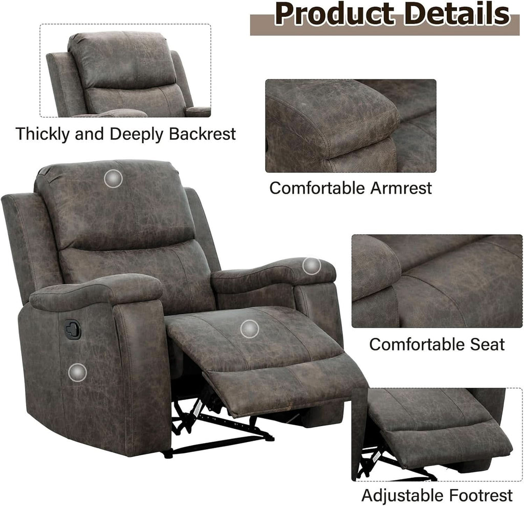 Grey Leather Recliner Chair With Cup Holders Living Room